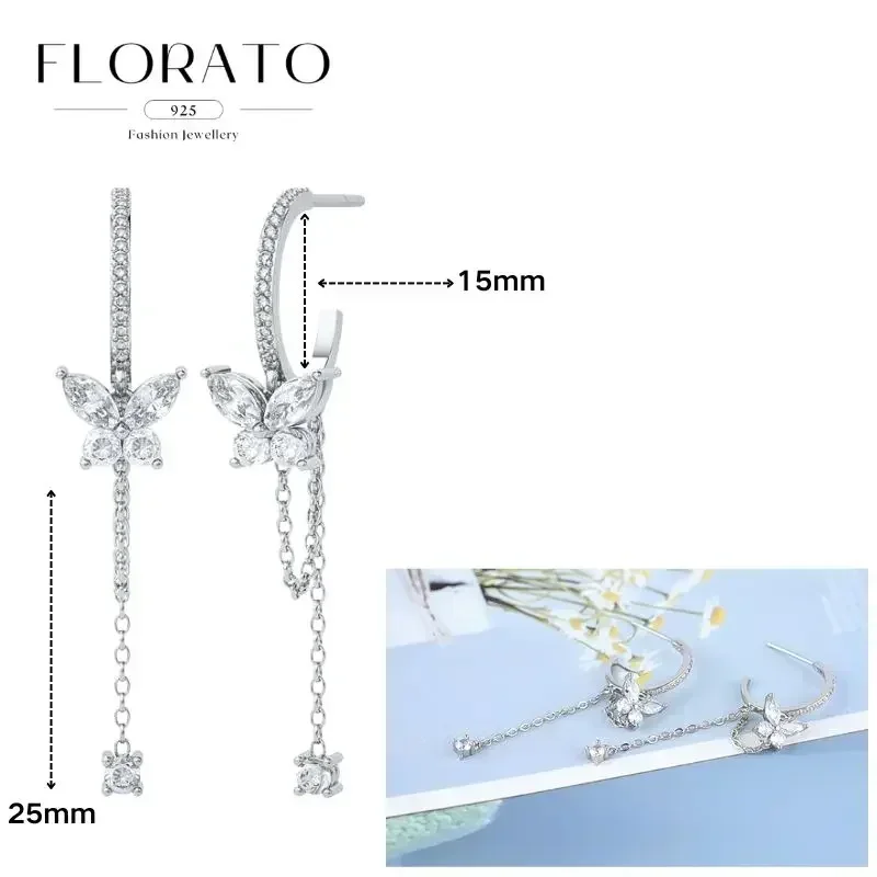 FLORATO 925 Sterling Silber Ohrringe mit Kettenquasten-Anhänger, Zirkon-Silberohrringe für Damen, Trendiger Luxus-Hochzeitsschmuck