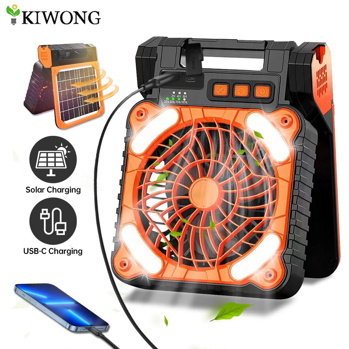 Portable Solar Fan Rechargeable Solar Powered Camping Fan 4 Speed 4 Timers and Quiet with LED Lantern for Picnic Fishing