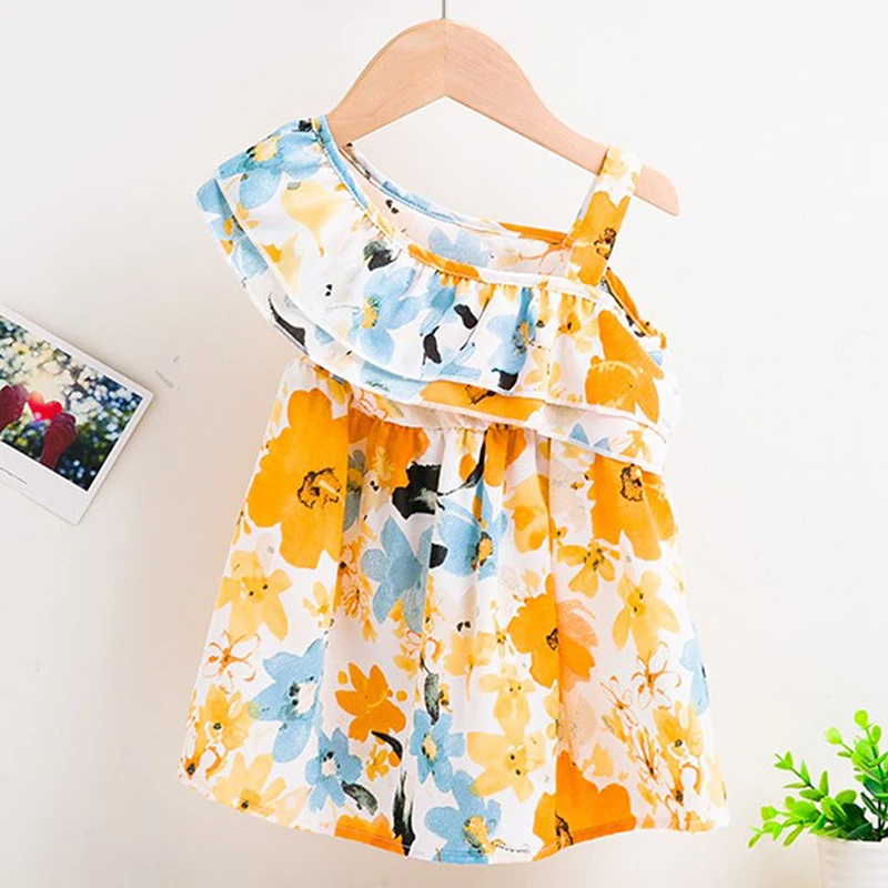 0-3T Fashion Summer Baby Girls Dress Yellow Floral Printed Strap Off Shoulder Sleeves Dresses Ruffle Edge Casual Beach Vestidos