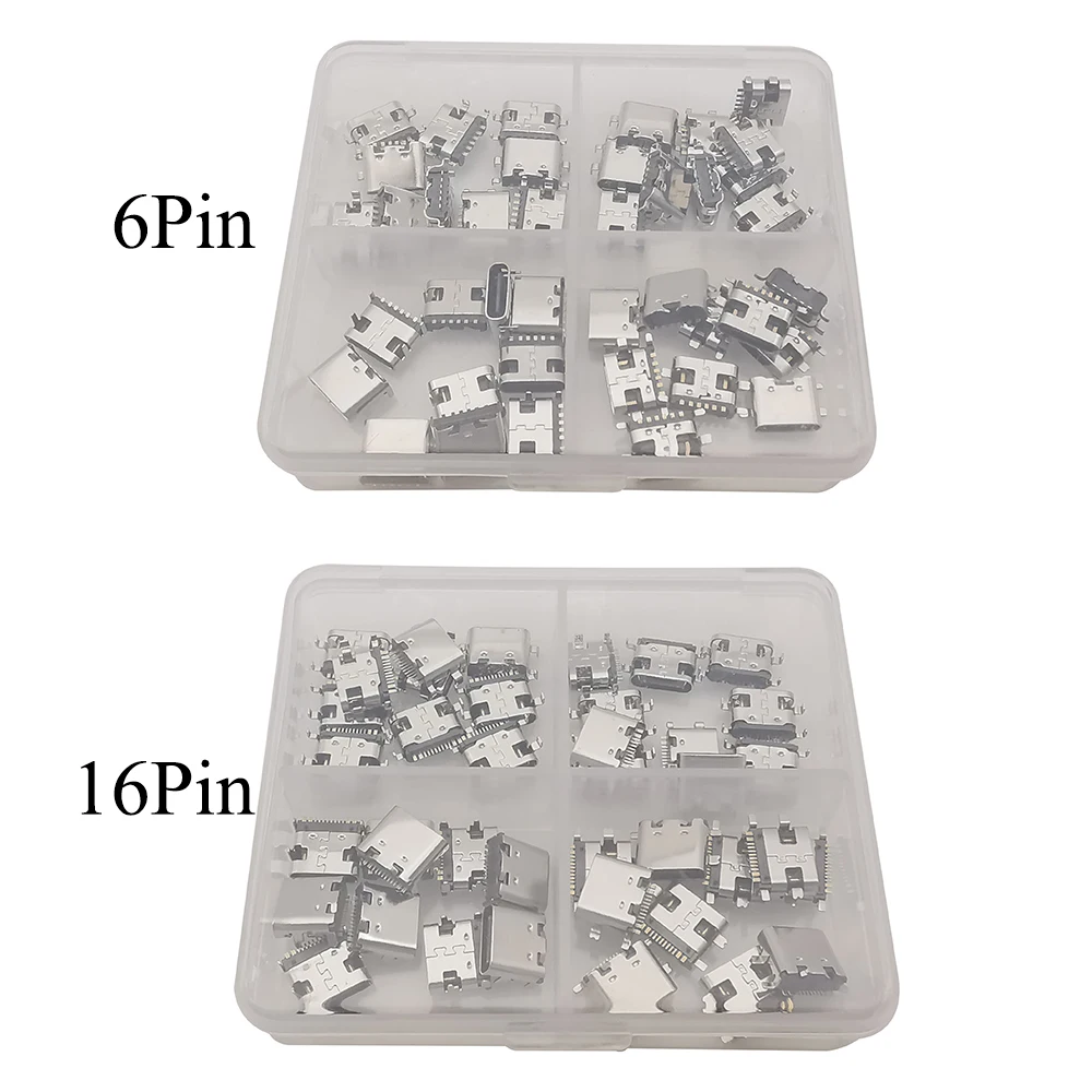 40Pcs/Box Type-C USB Charging Dock Connectors 6Pin 16Pin Type C Female Jack for Phone and Digital Product Repair Kits