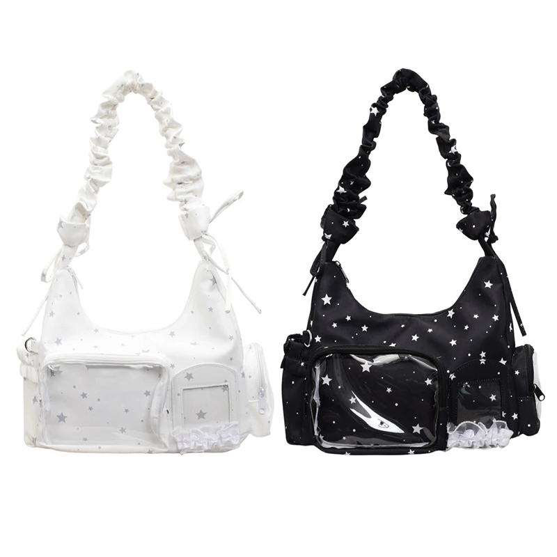 

Women Canvas Ita Bag with Clear Pin Display DIY Badge Crossbody Bag Lolita Messenger Purse for Shopping Travel Work Daily Use
