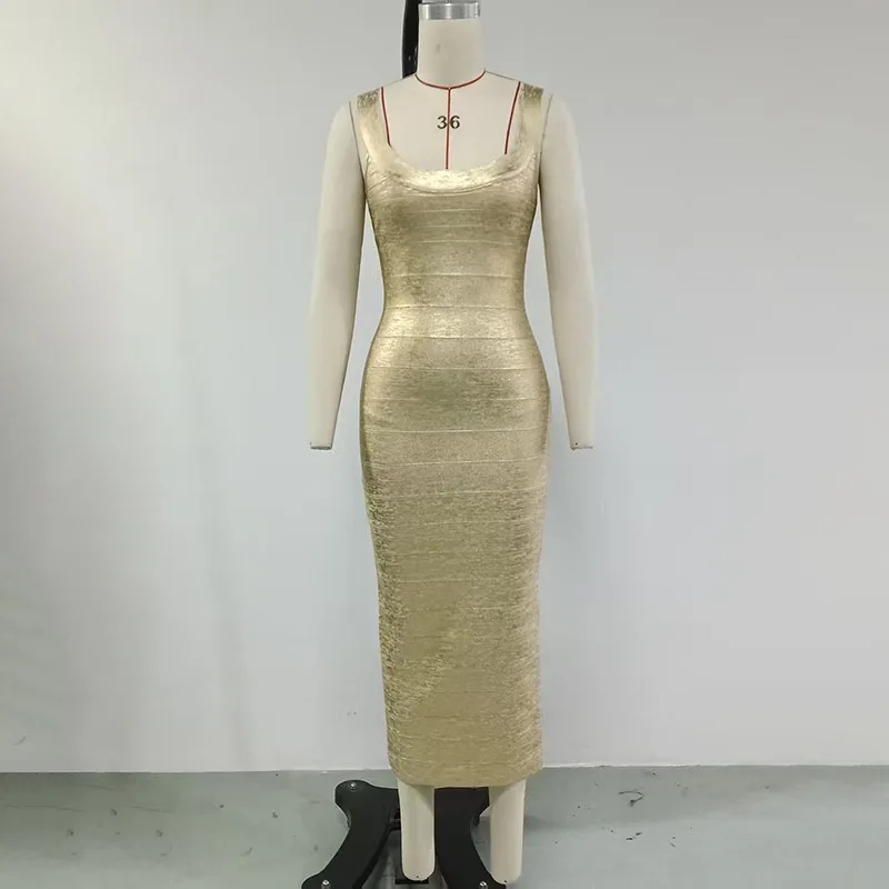 Women's Gold Square Neck Bodycon Bandage Dress Sexy Sleeveless Low Cut Backless Long Evening Party Cocktail Gown Fashion Style - view 4