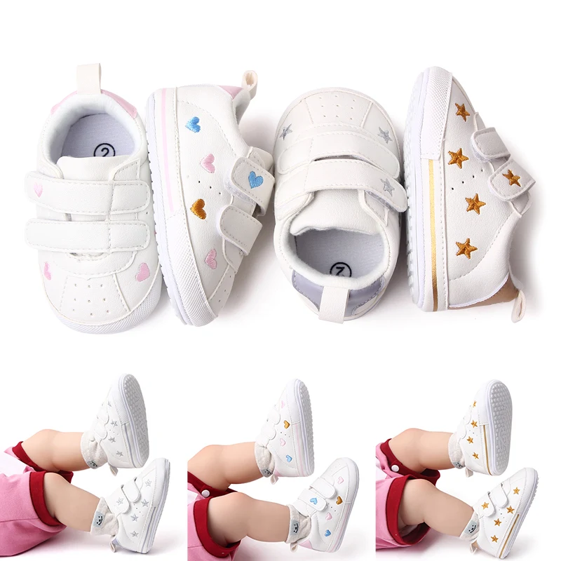 Baby White PU Sneaker Non-slip for Toddler Boys and Girls Cute Embroidery Stars and Hearts