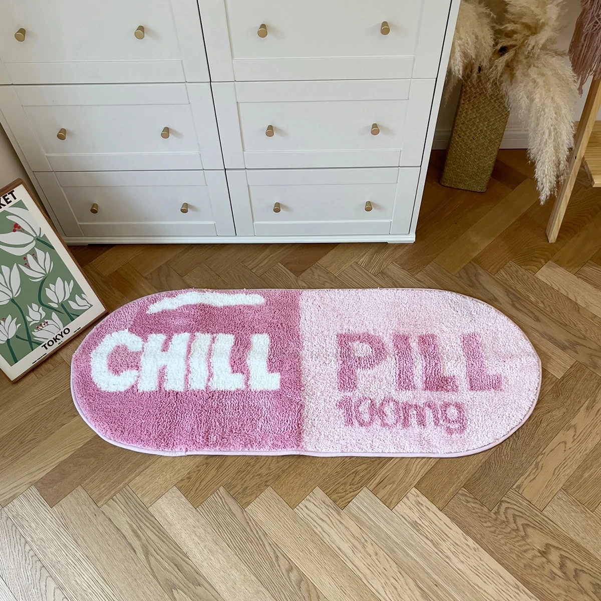 Pink and Blue Chill Pill Flocking Rug Oval Tufted Rug Bath Mat Door Floor Mat Home Decor Carpet Camping Mat Waterproof Anti-Slip