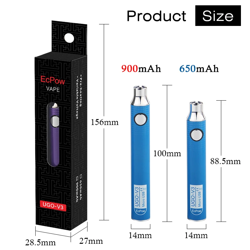 100% originale UGO V3 + USB Charger Sigaretta Elettronica 510 Vape Batteria Preaheat Regolabile Tensione Mod Fit CBD Olio Atomizzatore