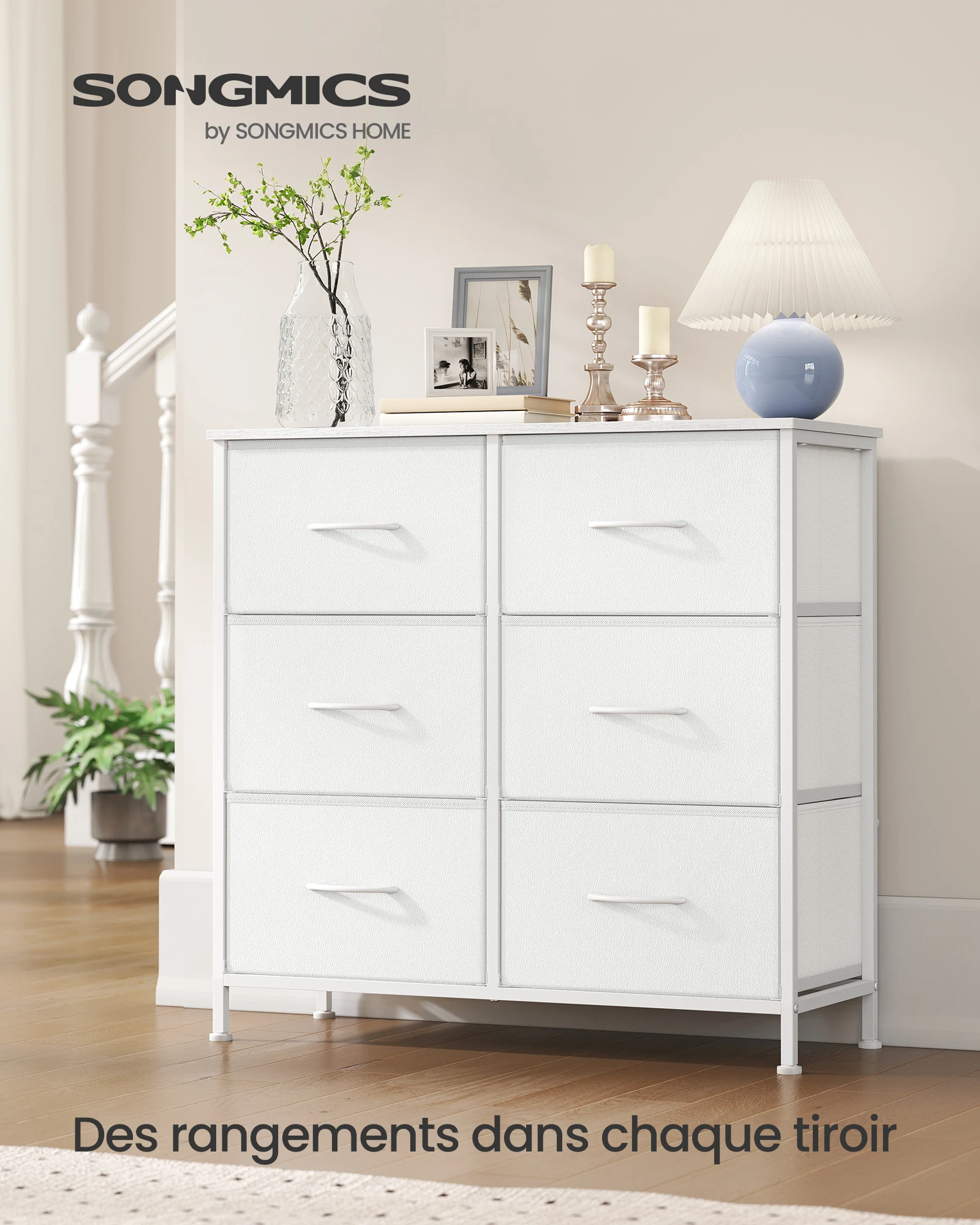 SONGMICS Commode 6 Tiroirs, Meuble de Rangement pour Chambre, Acier, Panneau MDF, Tissu Non-tissé, pour Couloir, Entrée, Salon, Blanc Nuage et Blanc Neige