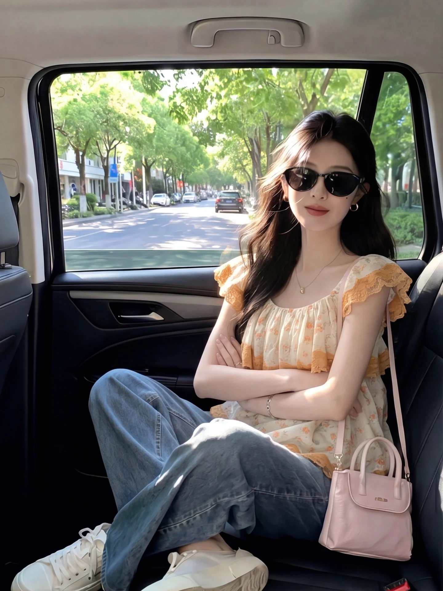 

Orange Embroidered Floral Lace Top Women Summer New Sweet Style Fashionable Gathers Sleeve Square Collar Breathable Shirt