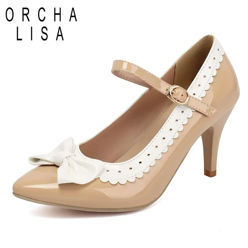 

ORCHA LISA Hot Mixed Color Women Pumps Pointed Toe 7.5cm Thin Heels Buckle Strap Butterfly Knot Plus Size 47 48 Wedding Autumn