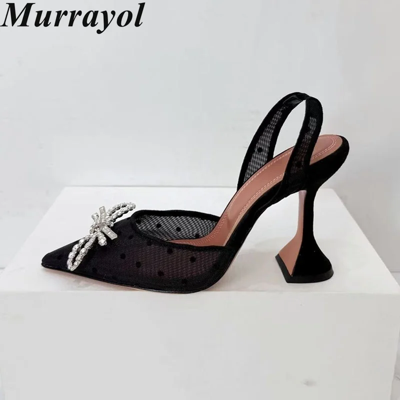 Thin High Heels Pumps Mesh Rhinestone Sunflower Decor Back Strap Pointed Toe Slingback Sandals Women Party Banquet Dress Shoes