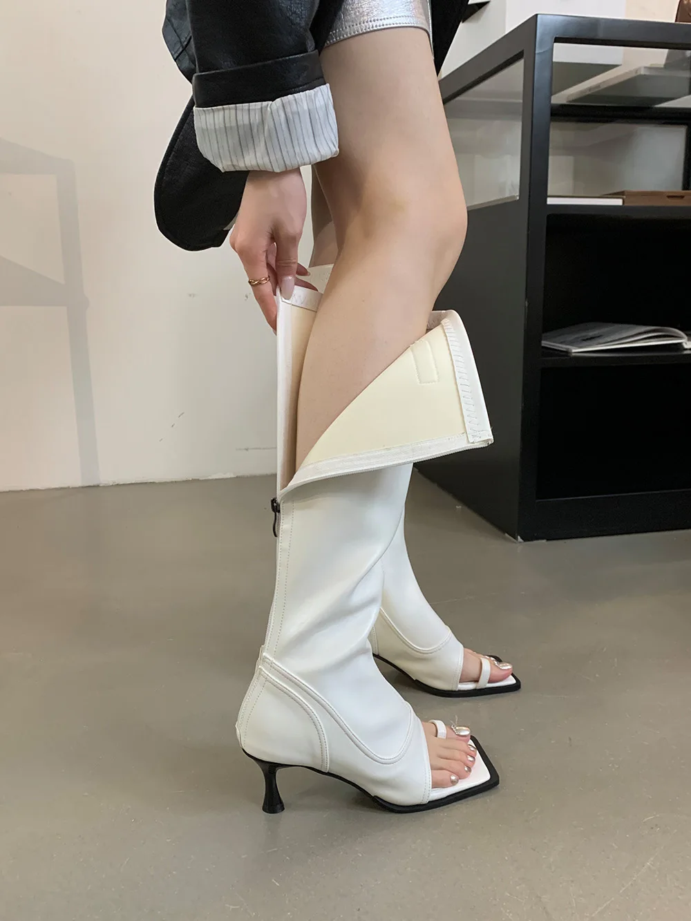 Open Toe Women Sandals Boots Clip Toe Black White Back Zipper Thin High Heels Autumn Winter Chelsea Boots Woman Party Size 35-39