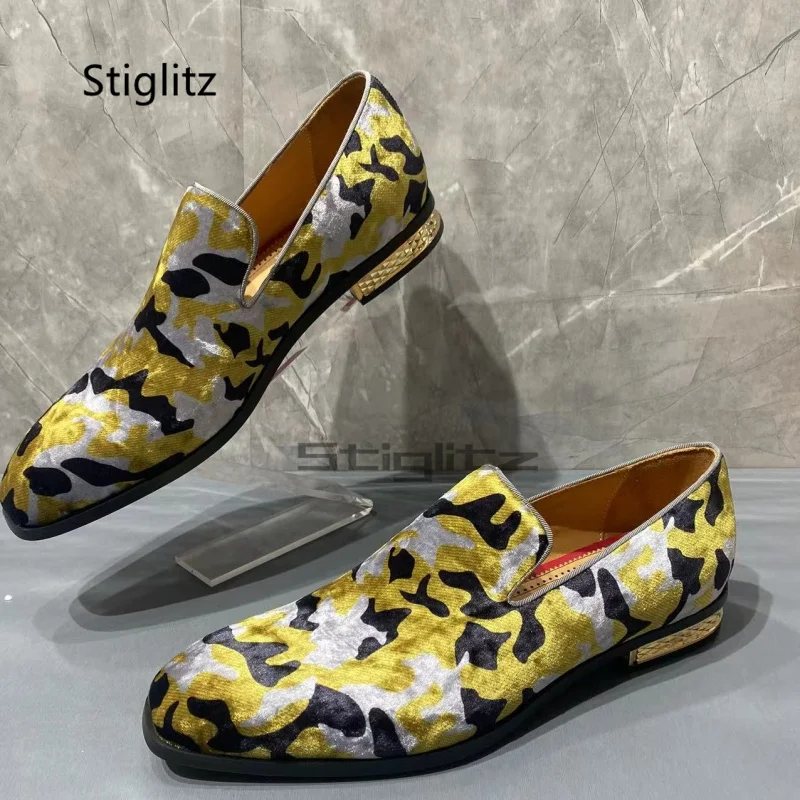 

Luxury Gold Black Print Men's Loafers Studded-Heel Jacquard Loafers Shoes Slip On Male Round Toe Wedding Dress Single Shoes