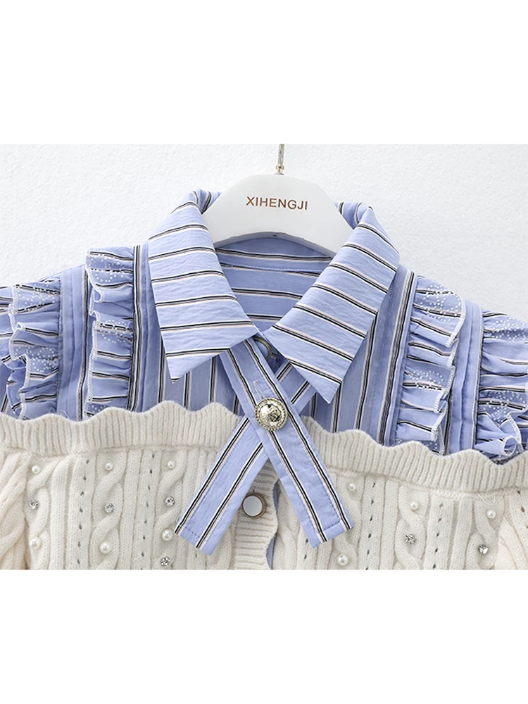 Fall Winter Women Old Money French Vintage Striped Shirts Long Sleeve French Aesthetic Design Patchwork Blouses Shoujo Mori Girl