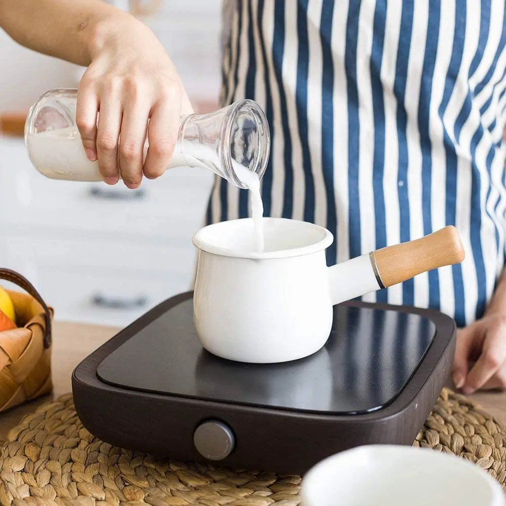 500ml Enamel Coffee Milk Pot With Wooden Handle Saucepan Cookware For Oatmeal Butter Cooking Pan Non Stick Gas Stove Induction