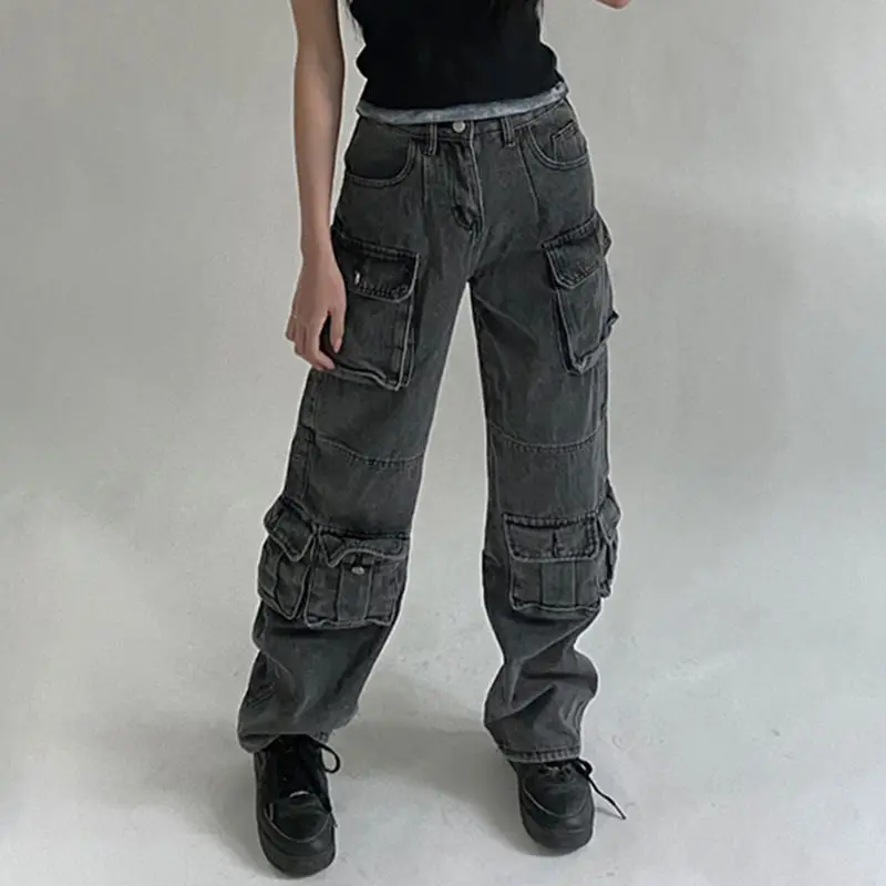 Dżinsy z wieloma kieszeniami i wysokim stanem Y2K New Solid Color Loose Women's High Street Retro Hip Hop Wide-Leg Pants Casual Straight Jeans