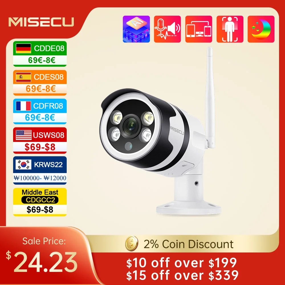 MISECU 3MP 5MP Wireless AI IP Camera Two-way Audio Outdoor Color Night Motion Detect Record Surveillance Security Camera WIFI