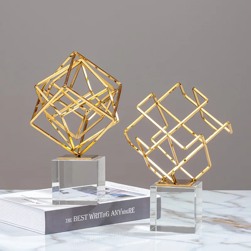 Three-dimensional Geometric Metal Ornaments Golden Hollowed-out Square Sculpture Metal Figurine Home Decoration Accessories