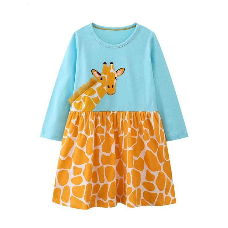 Jumping Meters Girls' Long Sleeve Embroidered Dress Autumn Spring School Children's Birthday Gift Giraffe Design 2-7T
