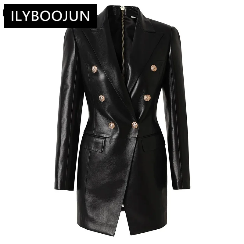 

Autumn Winter High Quality PU Leather Women Long Black Blazers Street Luxury Double Breasted Lady Jackets