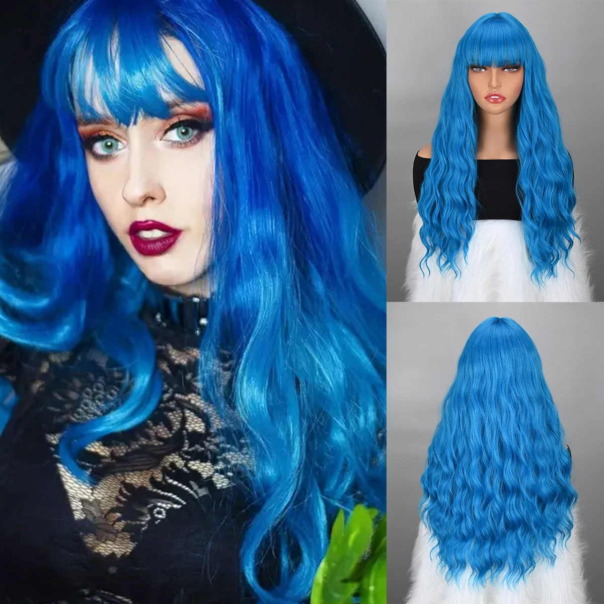 

Синий длинный прямой парик с челкой, синтетический парик из натуральных волос для женщин и девочек, идеально подходит для Хэллоуина