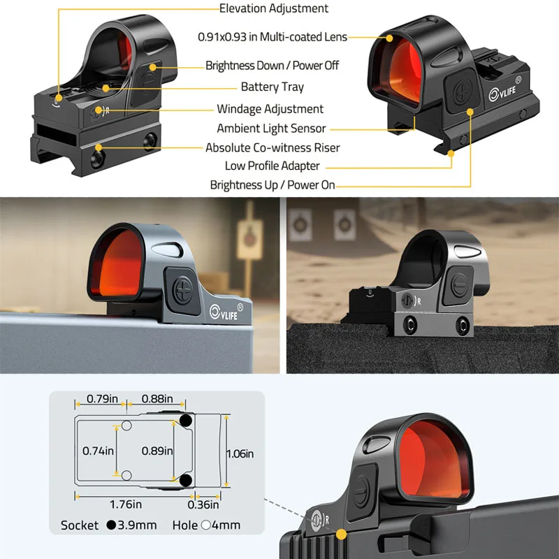 

CVLIFE WolfCovert Auto Brightness 7 Reticle Red Dot Sight For RMR Full Size Pistol Motion Awake with Adapter Plate