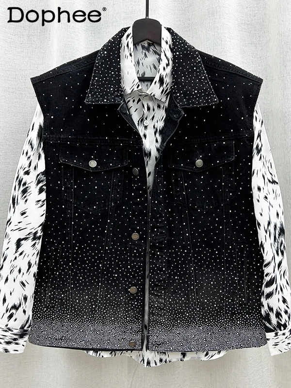 2024 Spring New Male Personality Rhinestone Denim Vest Coats Men's Trendy Retro Sleeveless Loose Vest Jackets Men's Denim Vests