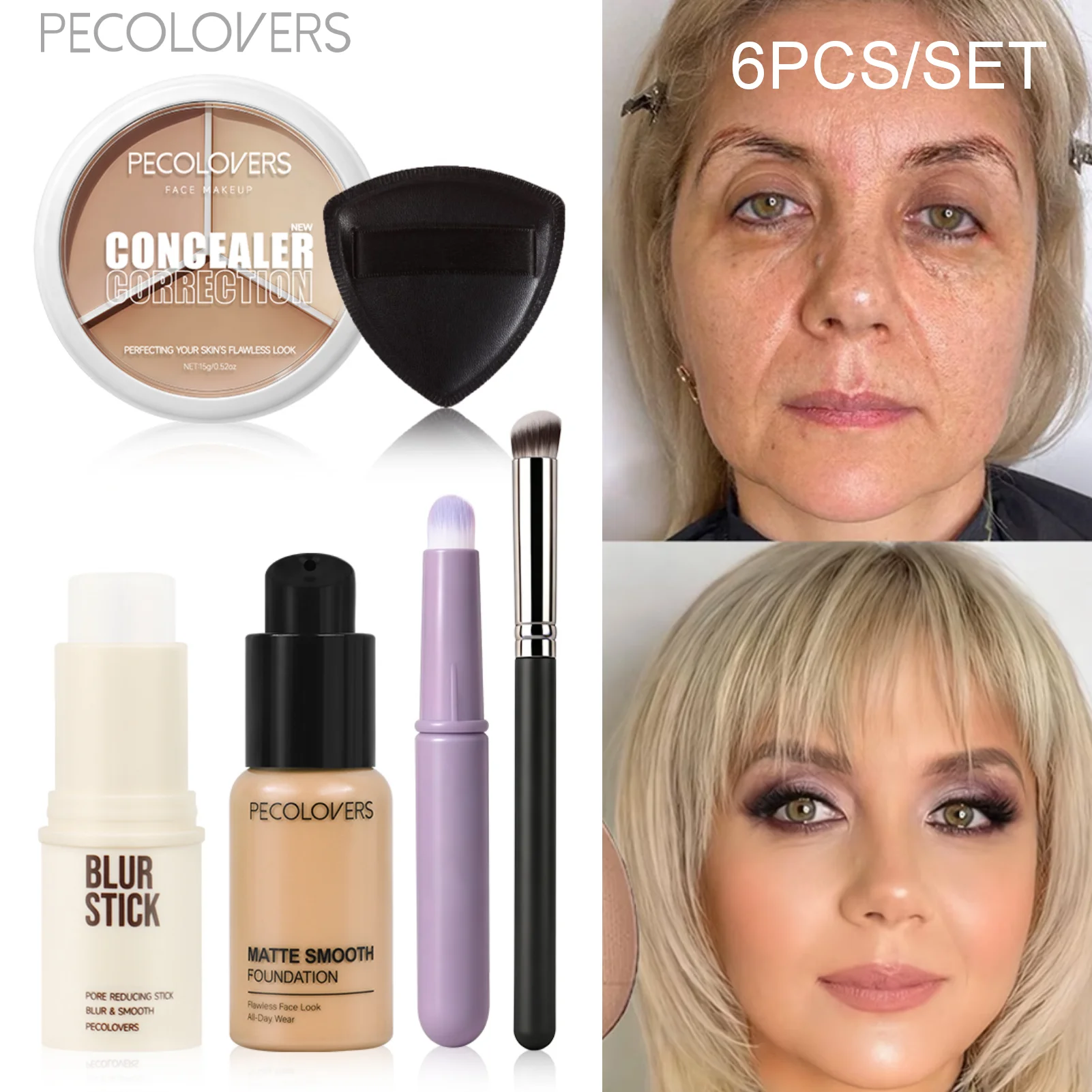6PCS/SET Concealer Foundation, Primer Stick,Concealer Palette, Puff, Brush, Waterproof Full Coverage Moisturizing Face Concealer