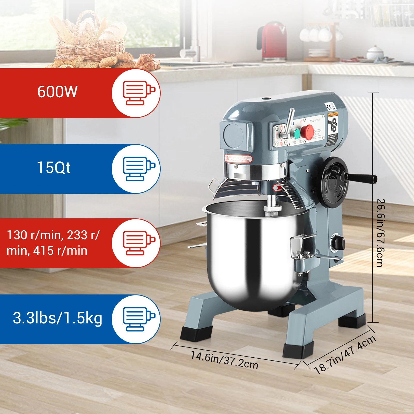 Support de bol en acier inoxydable pour centre commercial, centre commercial alimentaire, 15QT, 3 vitesses réglables, 130 tr/min, 233 tr/min, 415 tr/min, boulangeries