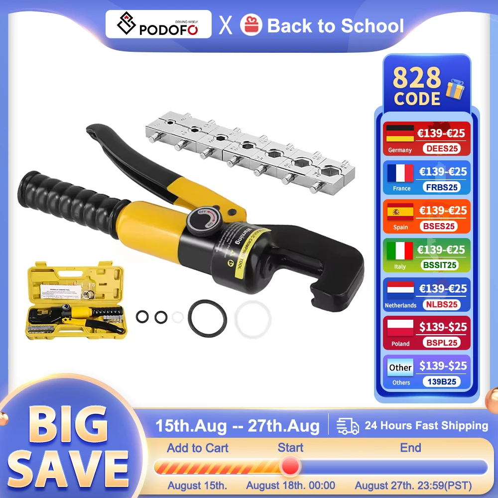 Podofo 4-70mm2 Pinza idraulica domestica Pinza a crimpare idraulica 10T Pinza idraulica da 12 a 2/0 AWG con corsa di crimpatura da 12 mm