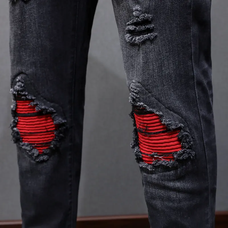 

Y2k designer's fashionable new men's jeans, washed, nostalgic, slim fit, perforated, red patch, black jeans, high street trendy