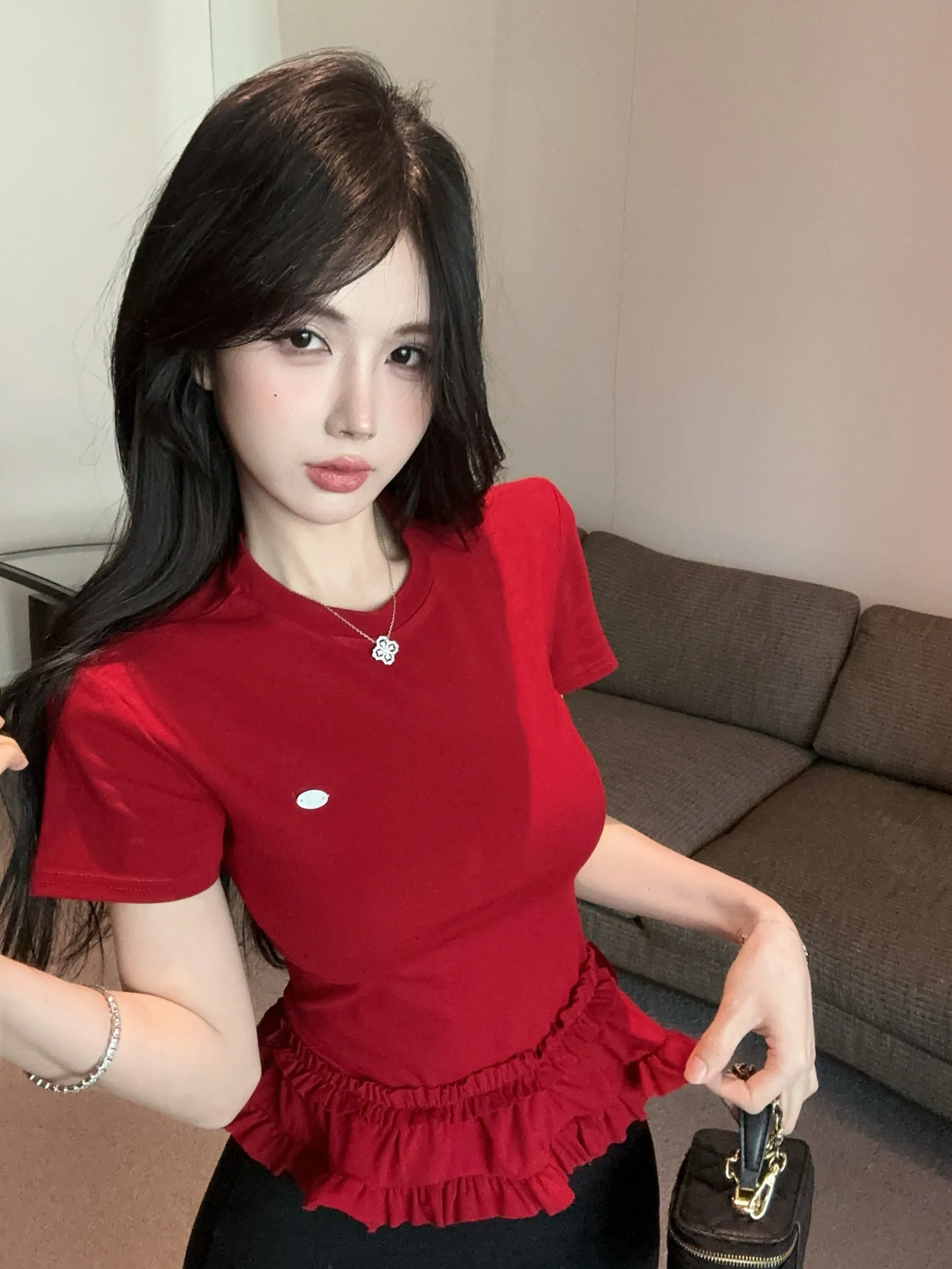 

Slimming Red New Year Short Sleeve T-Shirt Women's Spring Fashion Shoulder Length Loose Fit Korean Style Casual Top