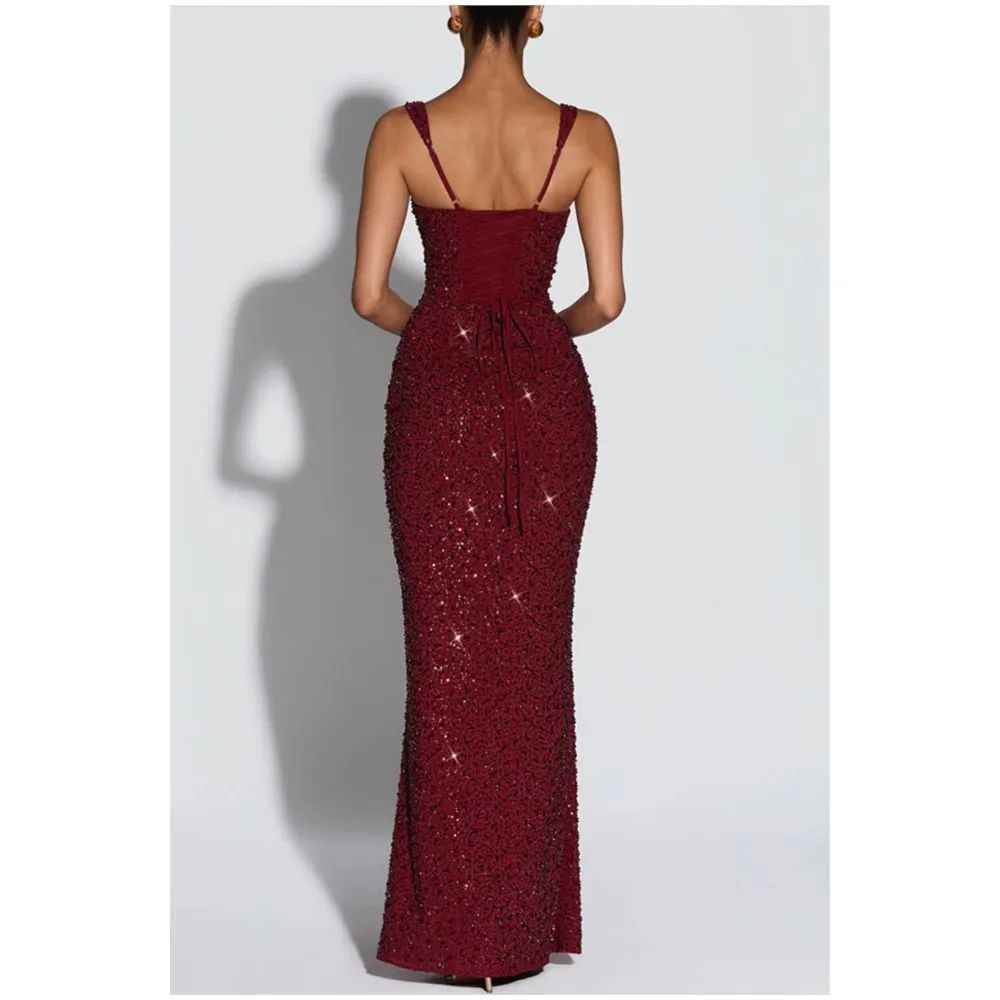 Women's Sequin Maxi Dress Burgundy Square Neck Sleeveless Bodycon Evening Gown Formal Party Prom Cocktail Mermaid Long Dresses