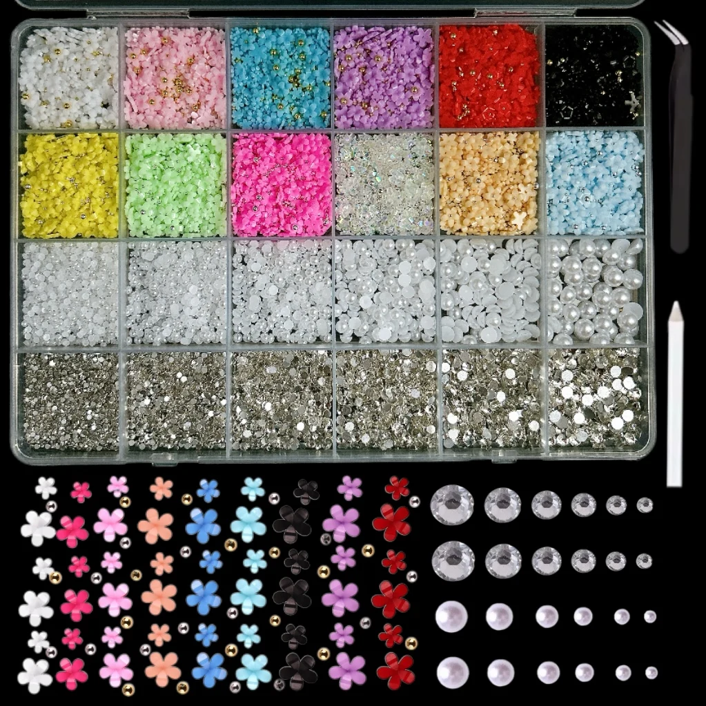 1Box Mini Colorful Petal Simulated Half Round Pearl Resin Nail Charms Cute Five-Petal Flower Steel Bead Nails Art Decoration DIY