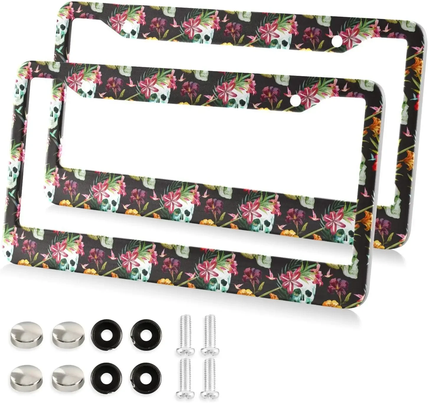 Tropical Floral Skull Pattern License Plate Frame 2 Pack License Plate with 2 Holes Car Tag Frame for Women Men US Vehicles