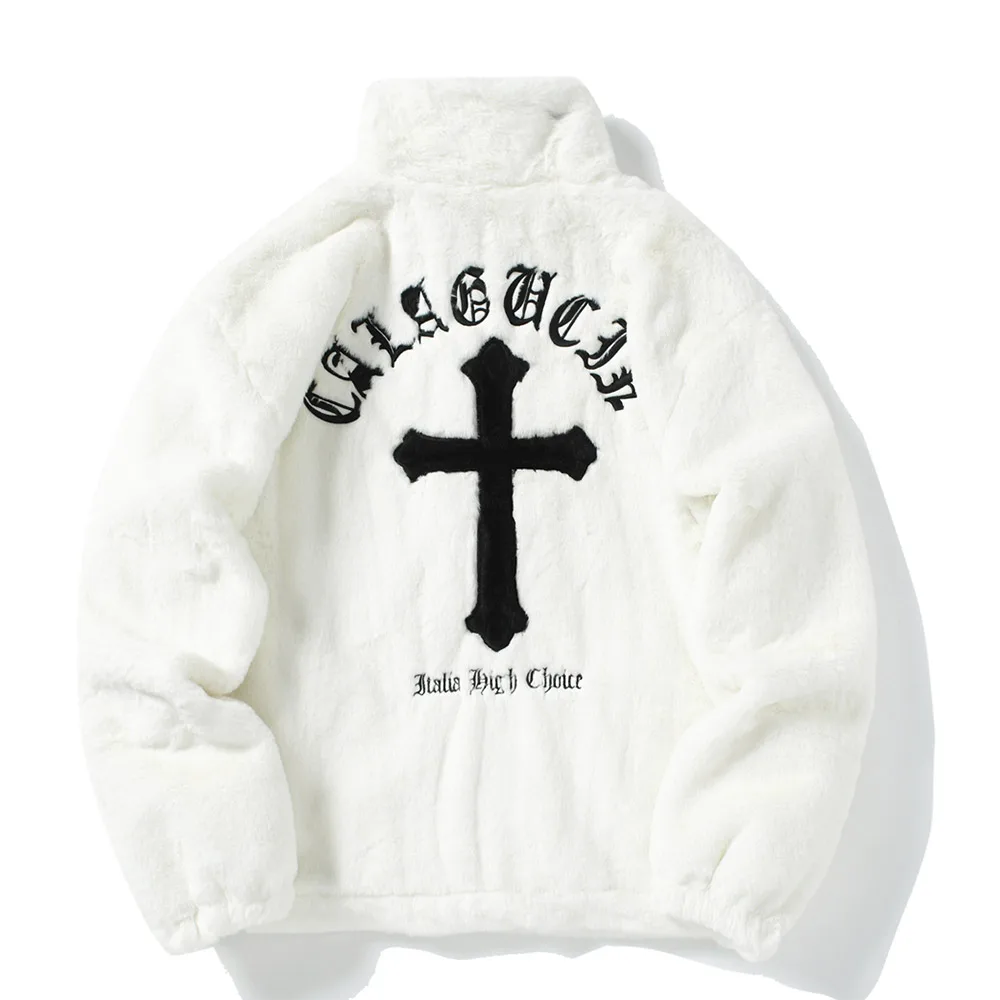 Men Rabbit Fur Jacket Coats Hip Hop Cross Letters Winter Fleece Jacket Streetwear Casual Harajuku Coat Zip Up Fashion Outerwear