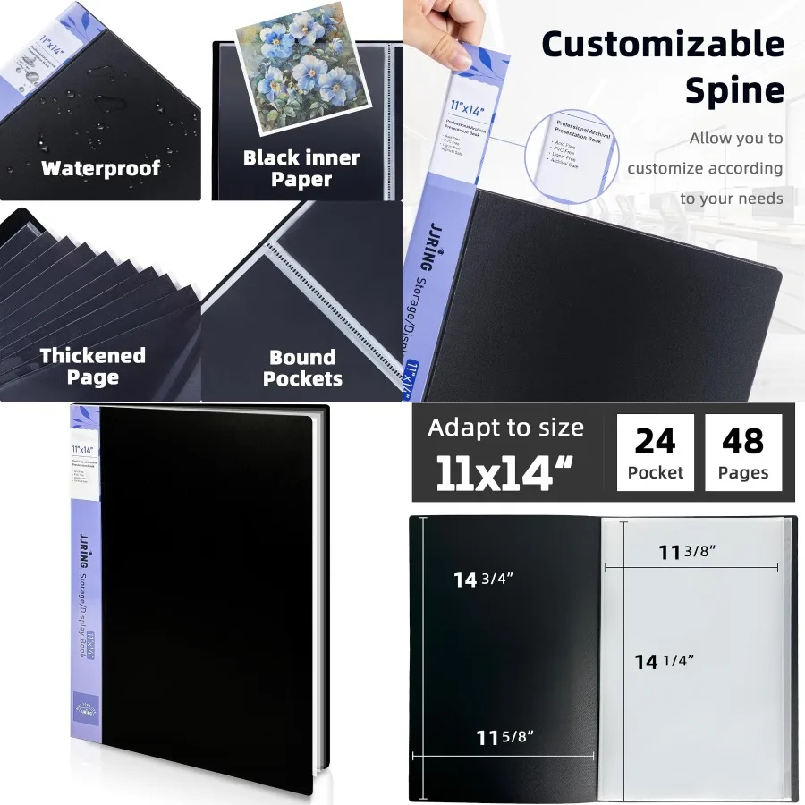 JJRING 11x14 Map Portofolio Seni dengan Kantong Plastik 24-Kantong Binder Portofolio Menampilkan 48 Halaman Buku Presentasi dengan Bl