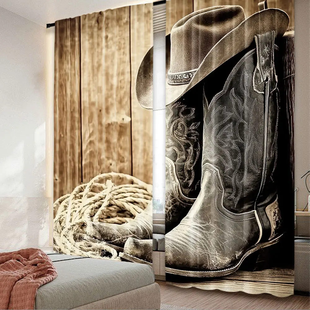 2Pcs Western Curtain American West Focused On Boots In Front Of Cask Composition Suitable For Bedroom Bathroom Living Room