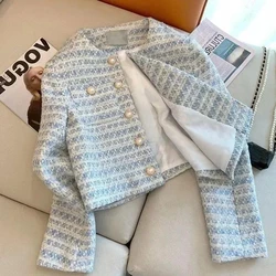 Fall Winter Tweed Cardigan Coat With Pockets Single-breasted Stripes Jacket Elegant Outerwear For Women Loose Outwear 2024
