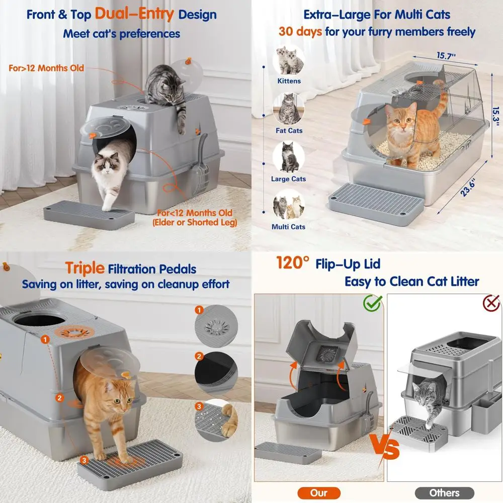 

Очень большой металлический лоток для кошек XL с крышкой, входом спереди и сверху, закрытый контейнер для кошек со ступеньками и совком для легкой уборки