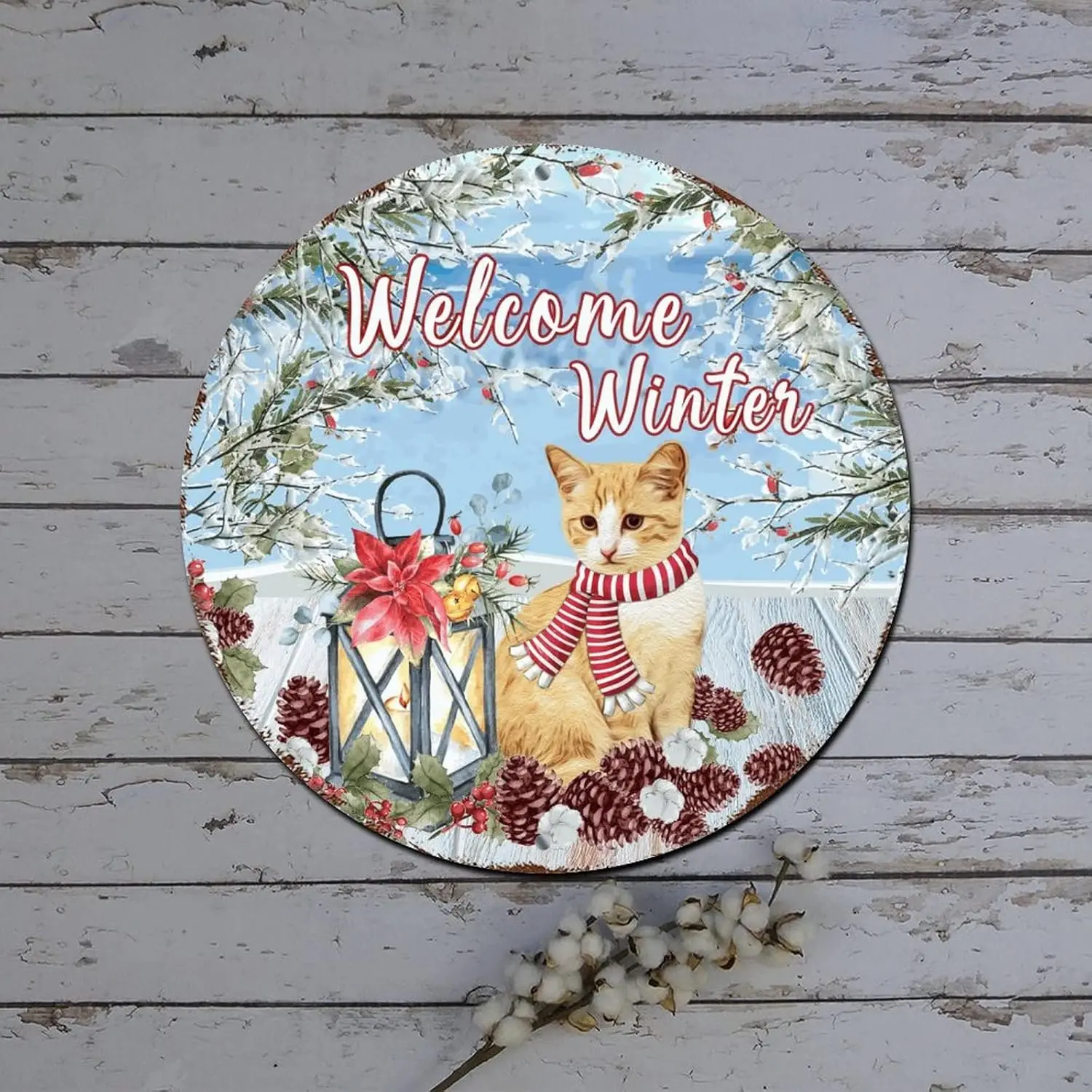 Merry Christmas Door Sign Welcome Winter Cat Santa Hat Poinsettia Round Metal Tin Sign Christmas Wall Decorations Indoor Rustic