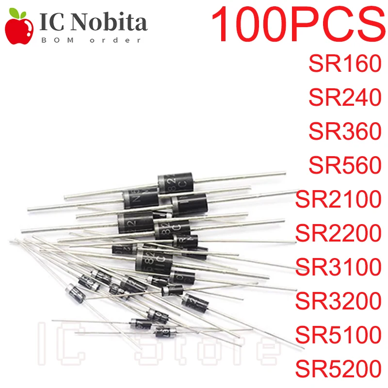 100PCS Schottky Diode 1A 2A 3A 5A 40V 60V 100V 200V SR160 SR240 SR360 SR560 SR2100 SR2200 SR3100 SR3200 SR5100 SR5200