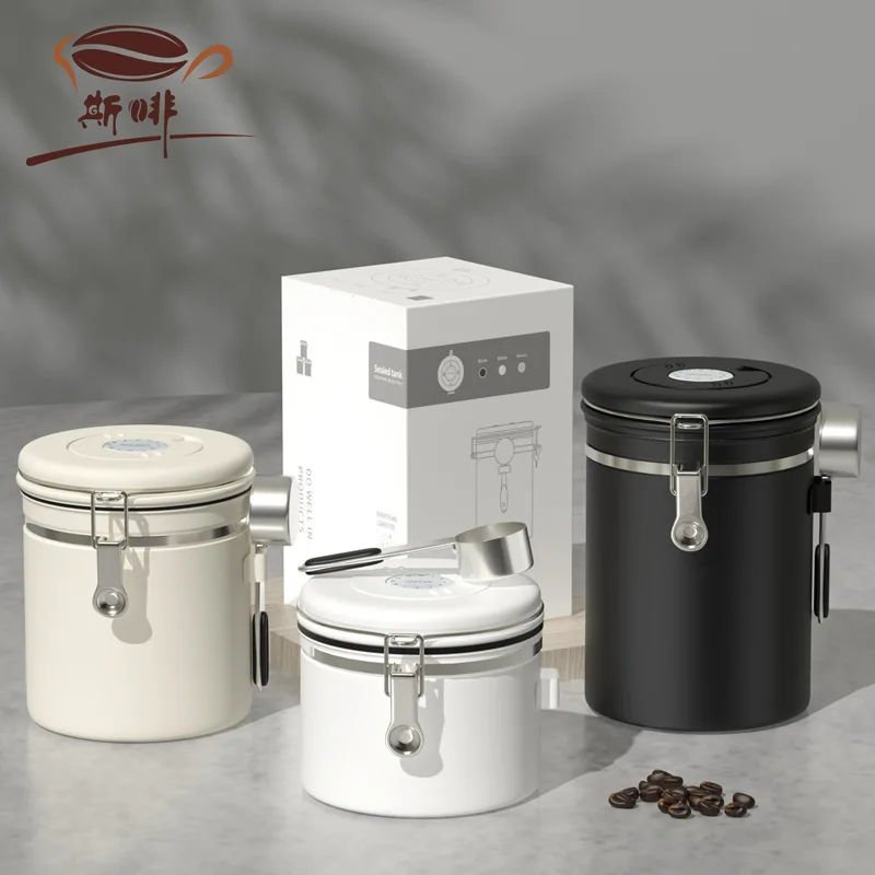 Coffee bean sealed tank 304 stainless steel exhaust valve breathing seal storage with spoon fresh-keeping tank coffee