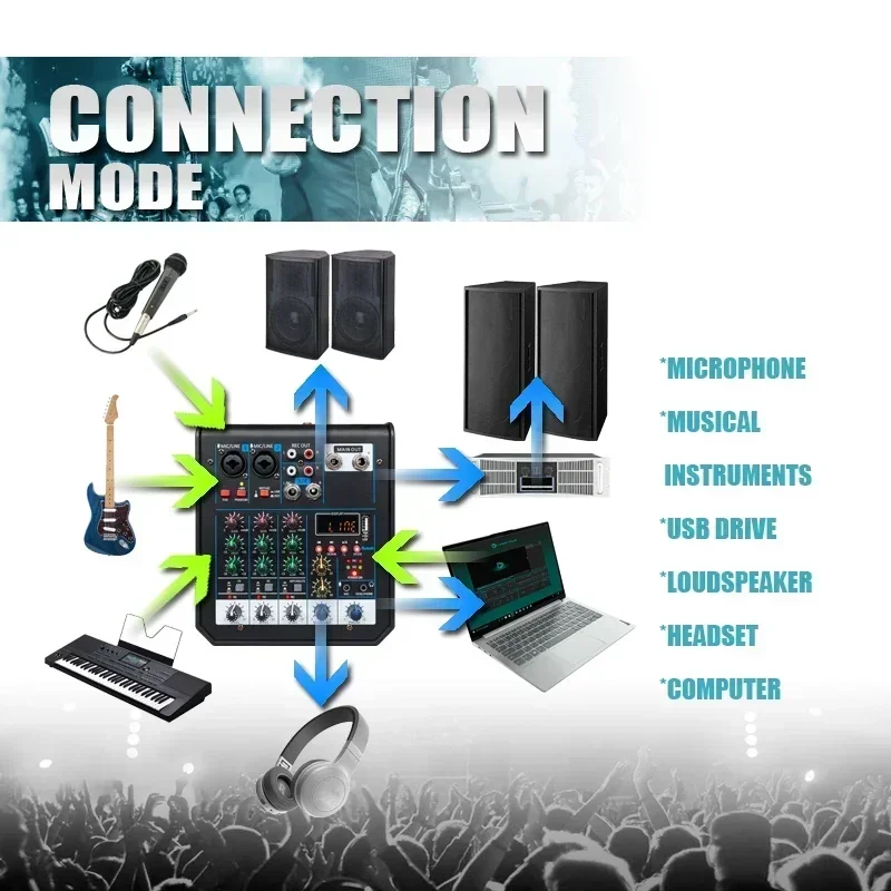 Mixer a 4 canali Audio per conferenze esterne Audio USB Bluetooth Reverb processore Audio canta in diretta con Mixer Audio per scheda Audio