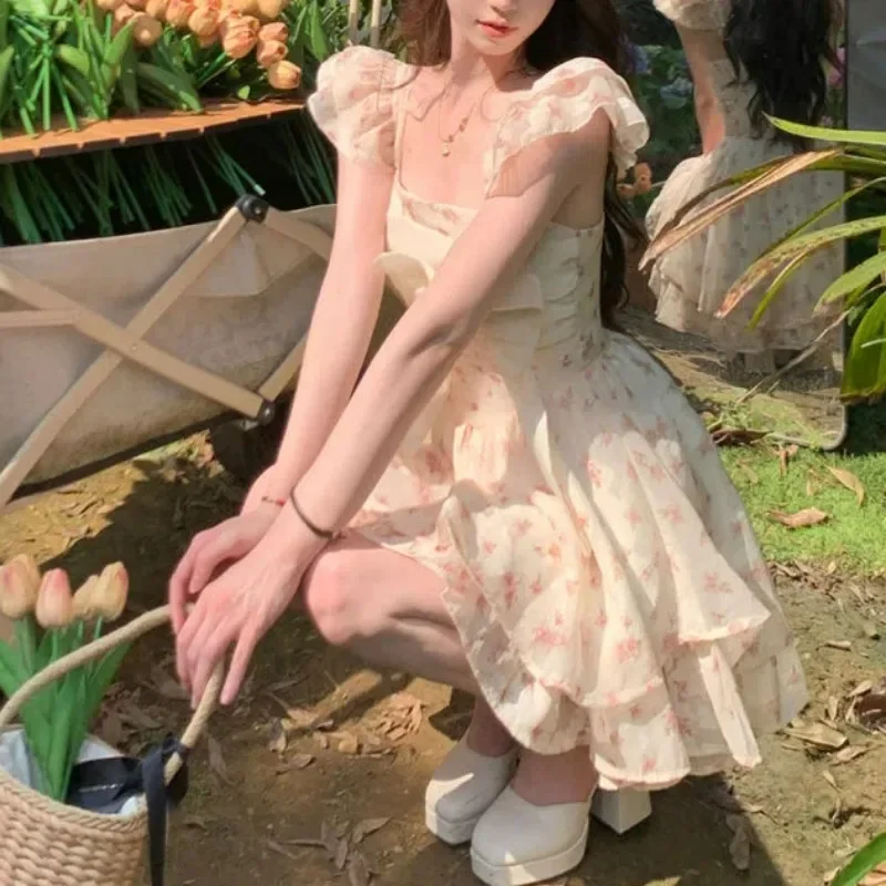 Women Summer Floral Print Ruffle Bow Sweet Sexy Fairy Mini Dress High Waist Sleeveless Slim Square Collar A Line Dresses Vestido