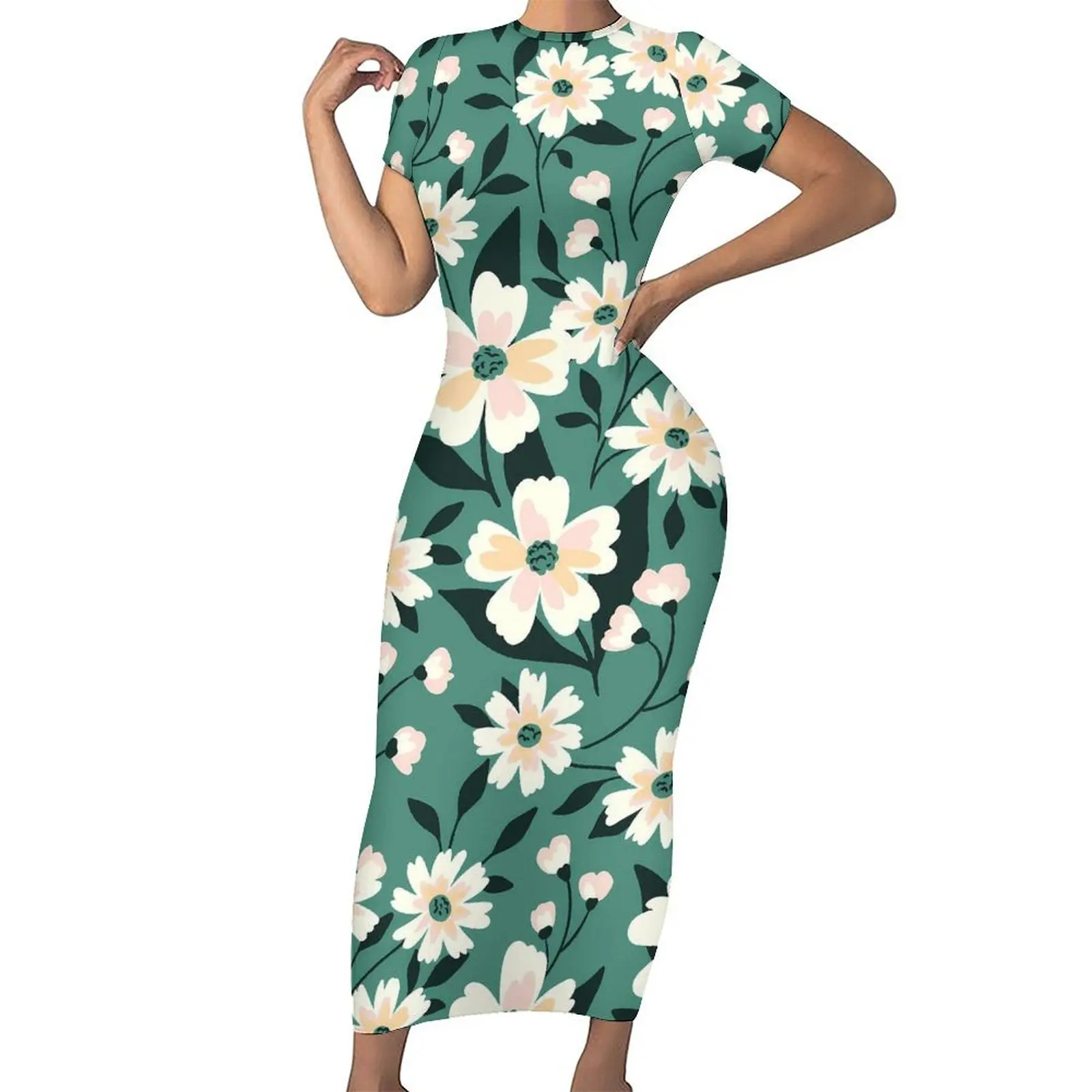 

White Daisies Print Bodycon Dress Summer Meadow Floral Retro Maxi Dresses Woman Short Sleeve Graphic Street Fashion Dress 5XL