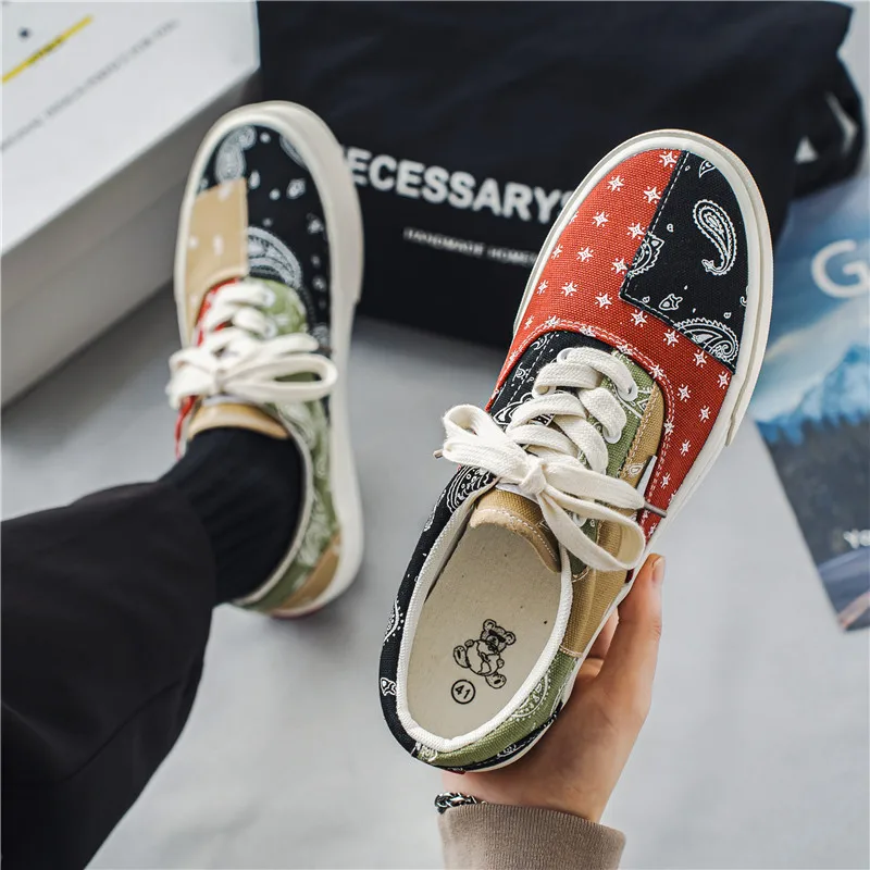 Men Casual Canvas Shoes Patchwork Design Skateboard Tennis Trainers Running Sport Shoes Mixed Colors Skate Flats Sneaker 39-44