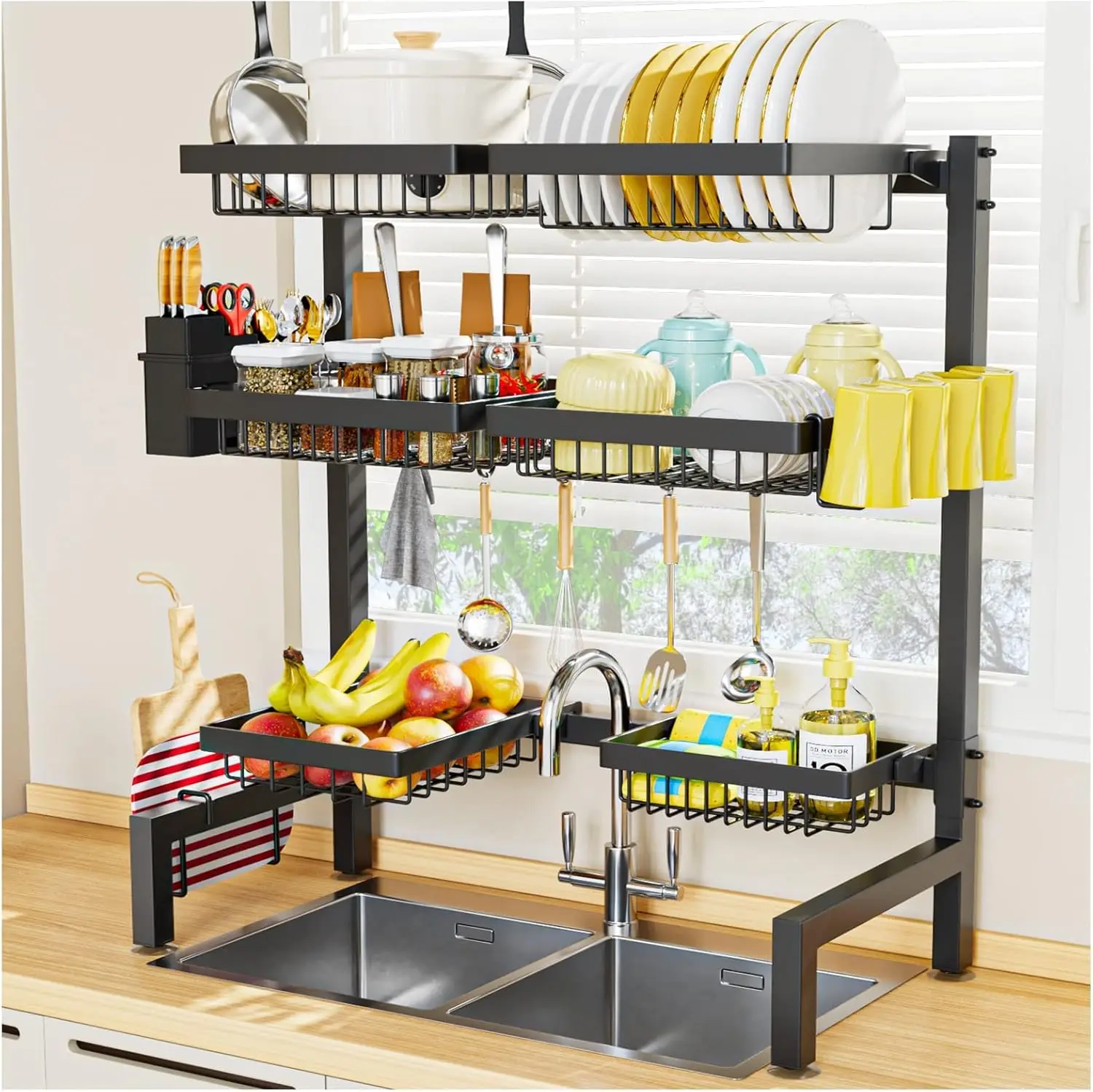 

3 Tiers 6 Baskets Dish Drying Rack, 24.8"-35.4",Over Sink Dish Drying Rack, 3-Tier Large Sink Rack for Kitchen