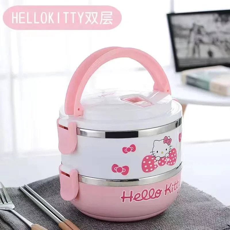 Hello Kitty กล่องอาหารกลางวันถุงอาหารกลางวัน Kawaii แบบพกพาสําหรับโรงเรียนเด็กปิคนิคกล่อง Bento กล่องอาหารพร้อมช่องภาชนะเก็บ