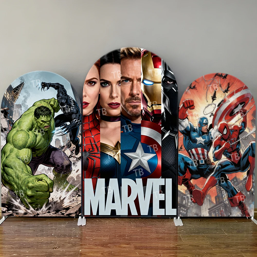 

Marvel Hero Collage Theme Arch Backdrop Cover Dynamic Superhero Scene For Kids Birthday Baby Shower Photo Booth Decor Background