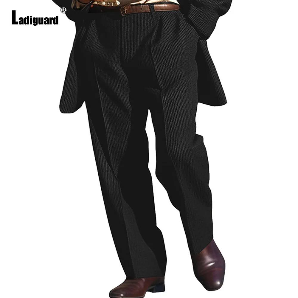 2025 Men's Stand Pocket Corduroy Suits Pant Solid Brown Gray Basic Straight Trousers Plus Size Mens Elegant Knitted Pants New