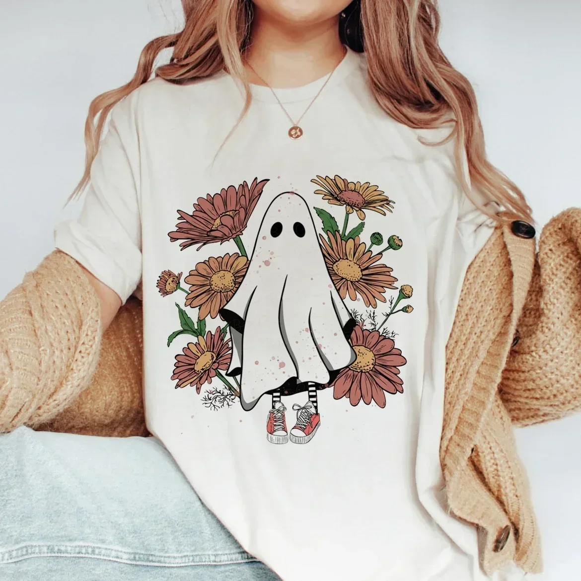 T-shirt da donna del ringraziamento stampata bianca carina Casual da donna autunno Halloween autunno Top Fashion Pattern Street Trend t-shirt.